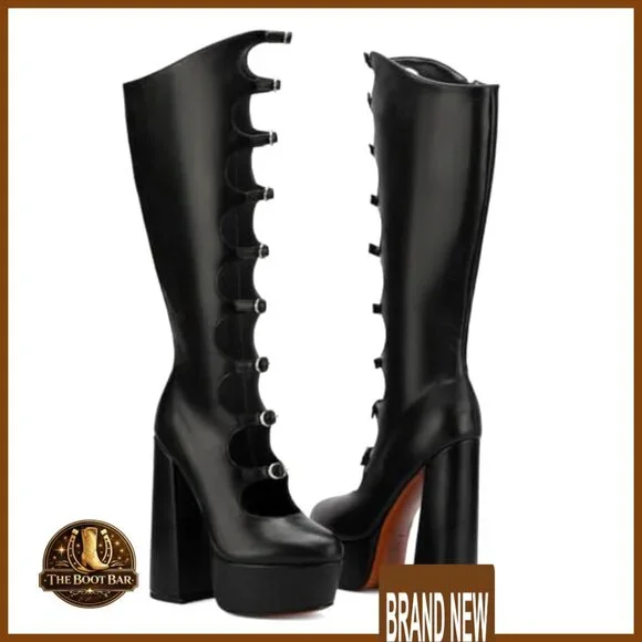 Knee High Platform Boots Chunky Heel Buckle Detail Patent Leather Wide Calf